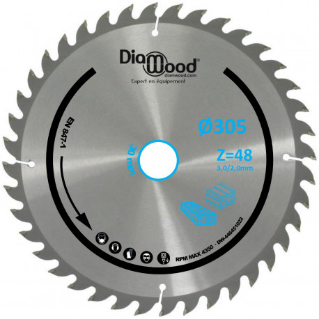 Lame de scie circulaire HM universelle D. 305 x Al. 30 x ép. 3,2/2,2 mm x Z60 Alt Nég pour bois - Diamwood