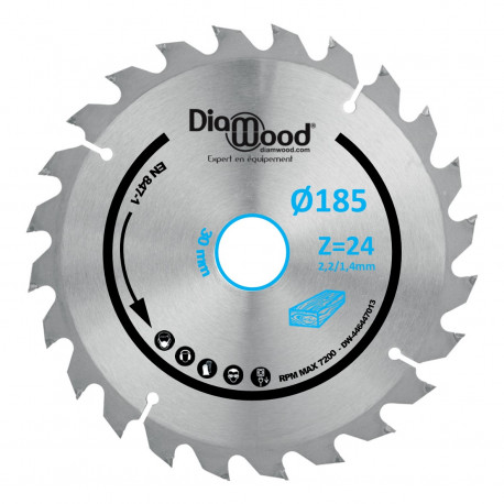 Lame de scie circulaire portative HM débit D. 185 x Al. 30 x ép. 2,2/1,4 mm x Z24 Alt pour bois - Diamwood