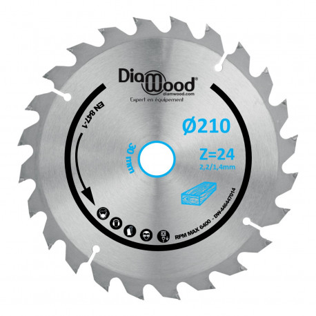 Lame de scie circulaire portative HM débit D. 210 x Al. 30 x ép. 2,8/1,8 mm x Z24 Alt pour bois - Diamwood