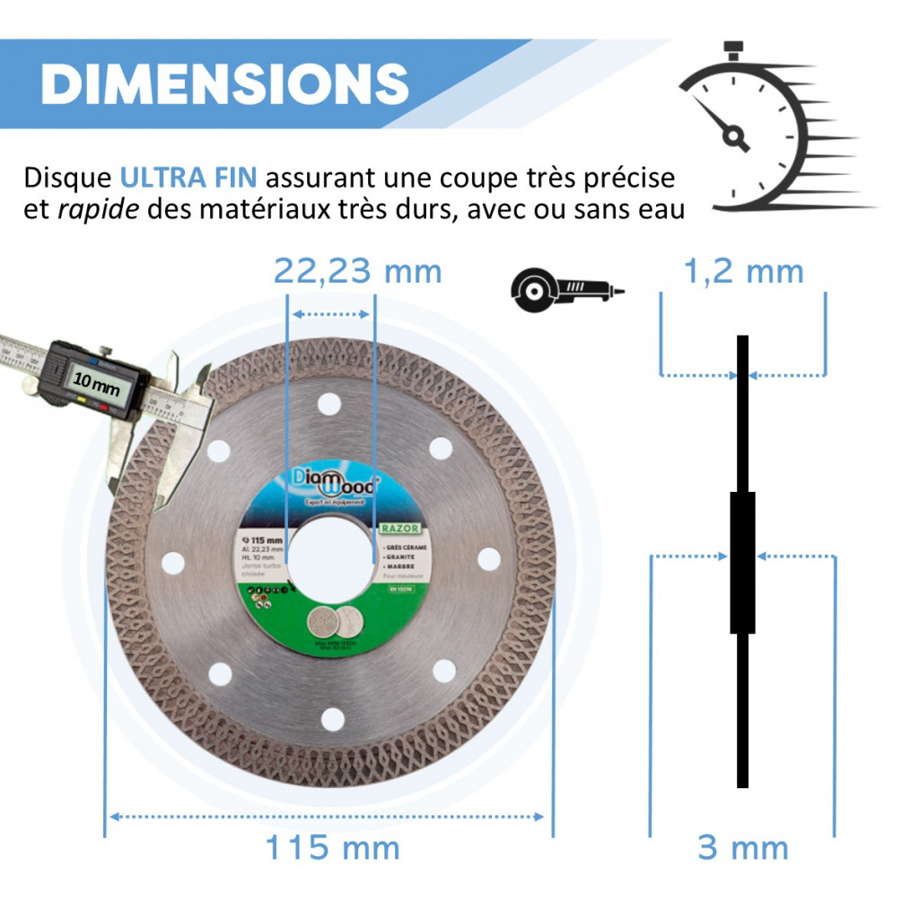 Disque diamant RAZOR D. 115 x Al. 22,23 x Ht. 10 x ép. 1,2 mm - grès  cérame, granite, marbre - Diamwood