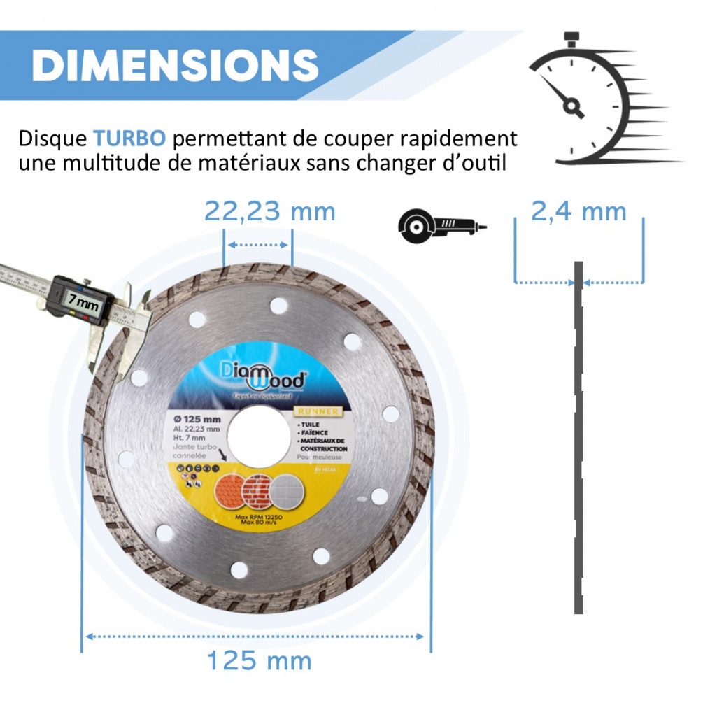 Disque diamant 125 x Al. 22,23 x Ht. 7 mm tuile, matériaux de construction,  faïence - RUNNER - Diamwood