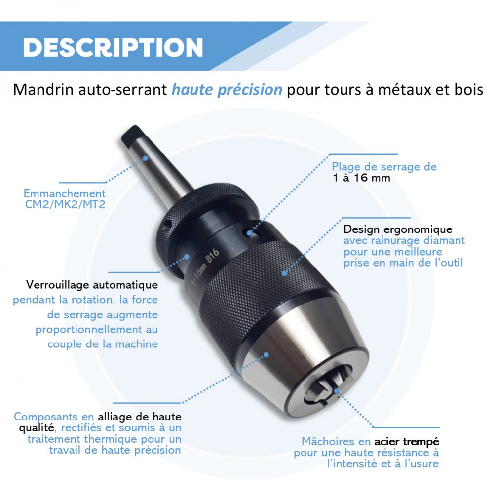 Mandrin autoserrant - ouverture 1 - 16 mm - Pour perceuse à colonne Promac