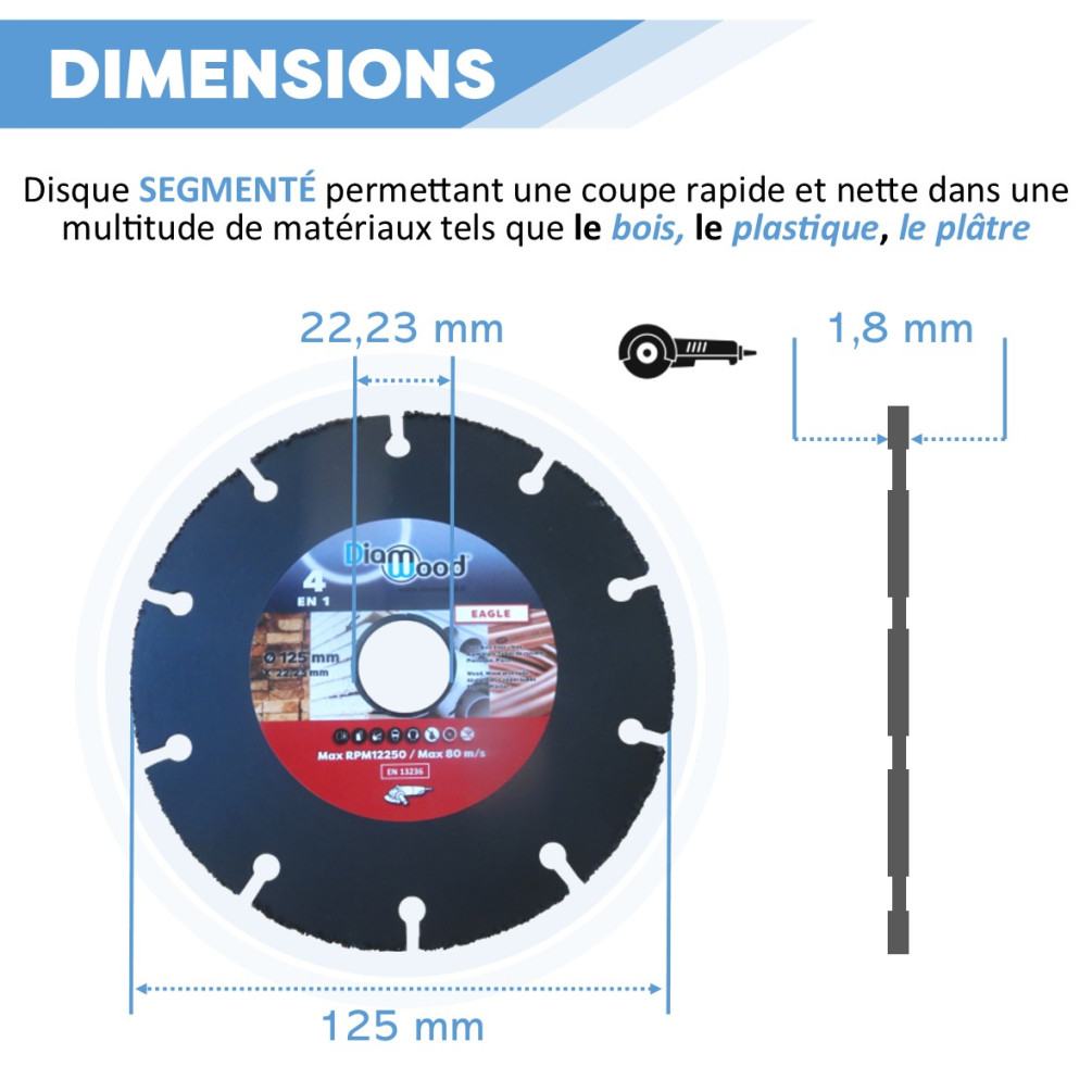 Disque à concrétion carbure multiusage 125 x Al. 22,23 x ép. 1,8 mm bois