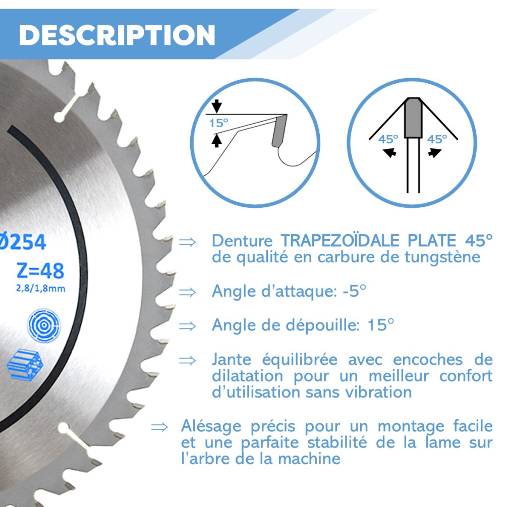 Lame de scie circulaire Bois 254 x 30 x 3,2 mm 96 Dents / Disque  Tronçonnage Multimatériel. Qualité Professionnelle : : Bricolage