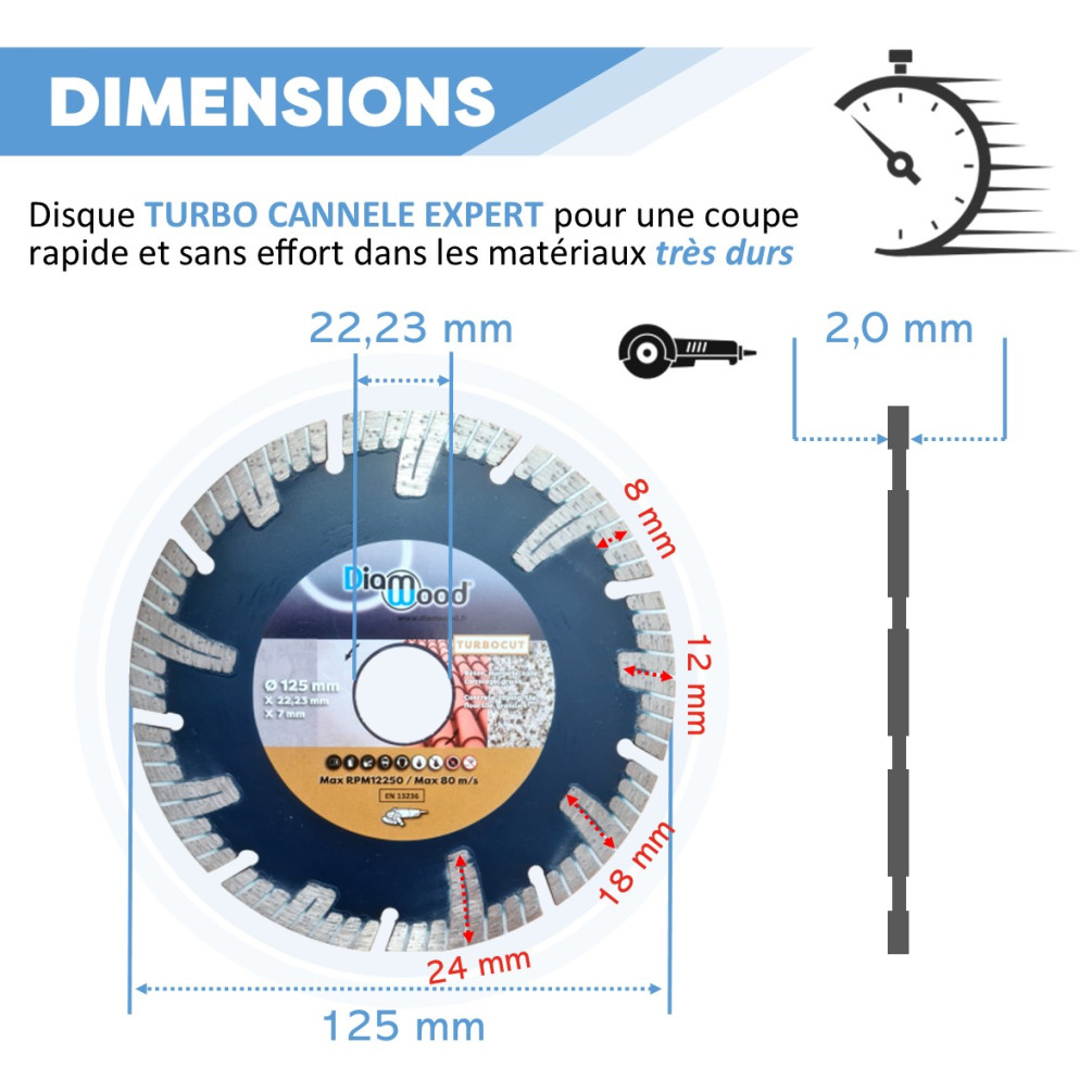 Lot de 3 disques diamant 125 x Al. 22,23 x Ht. 7/7/5 mm béton, carrelage,  tuile, matériaux de construction - Diamwood