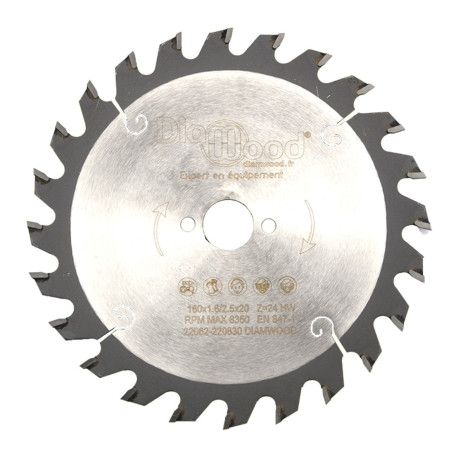Lame de scie circulaire portative HM débit D. 160 x Al. 20 x ép. 2,5/1,6 mm x Z24 Alt pour bois - OMNIVOR