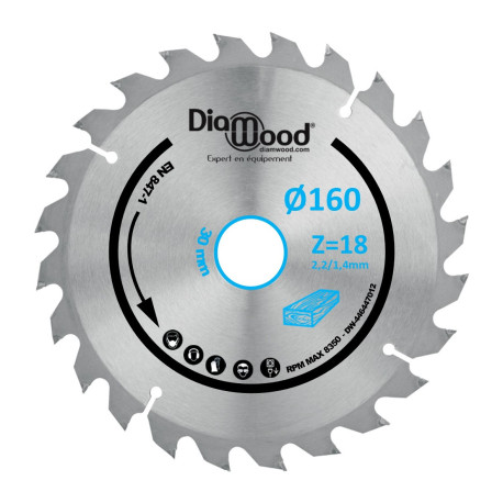 Lame de scie circulaire portative HM débit D. 160 x Al. 30 x ép. 2,2/1,4 mm x Z18 Alt pour bois - OMNIVOR