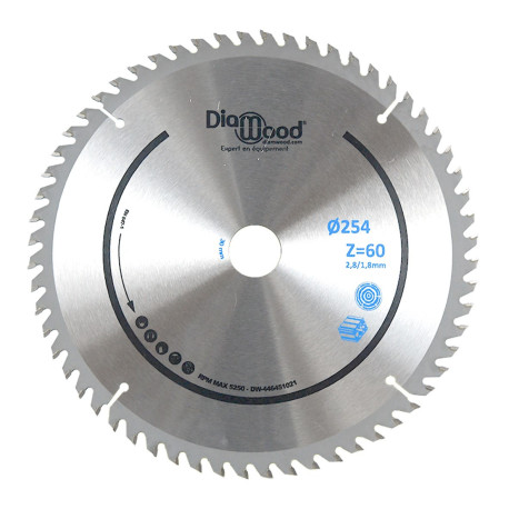 Lame de scie circulaire HM universelle D. 254 x Al. 30 x ép. 2,8/1,8 mm x Z60 TP Nég pour Alu/bois - OMNIVOR