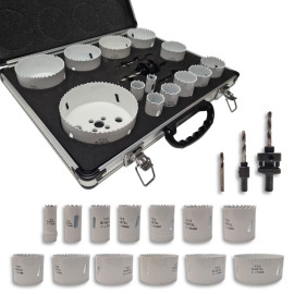 Coffret 13 trépans Bi-Métal HSS (M3) PRO D. 16 à 102 x Lu. 38 mm + accessoires pour Acier, Bois, PVC - OMNIVOR