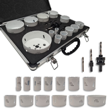 Coffret 13 trépans Bi-Métal HSS (M3) PRO D. 16 à 102 x Lu. 38 mm + accessoires pour Acier, Bois, PVC - OMNIVOR